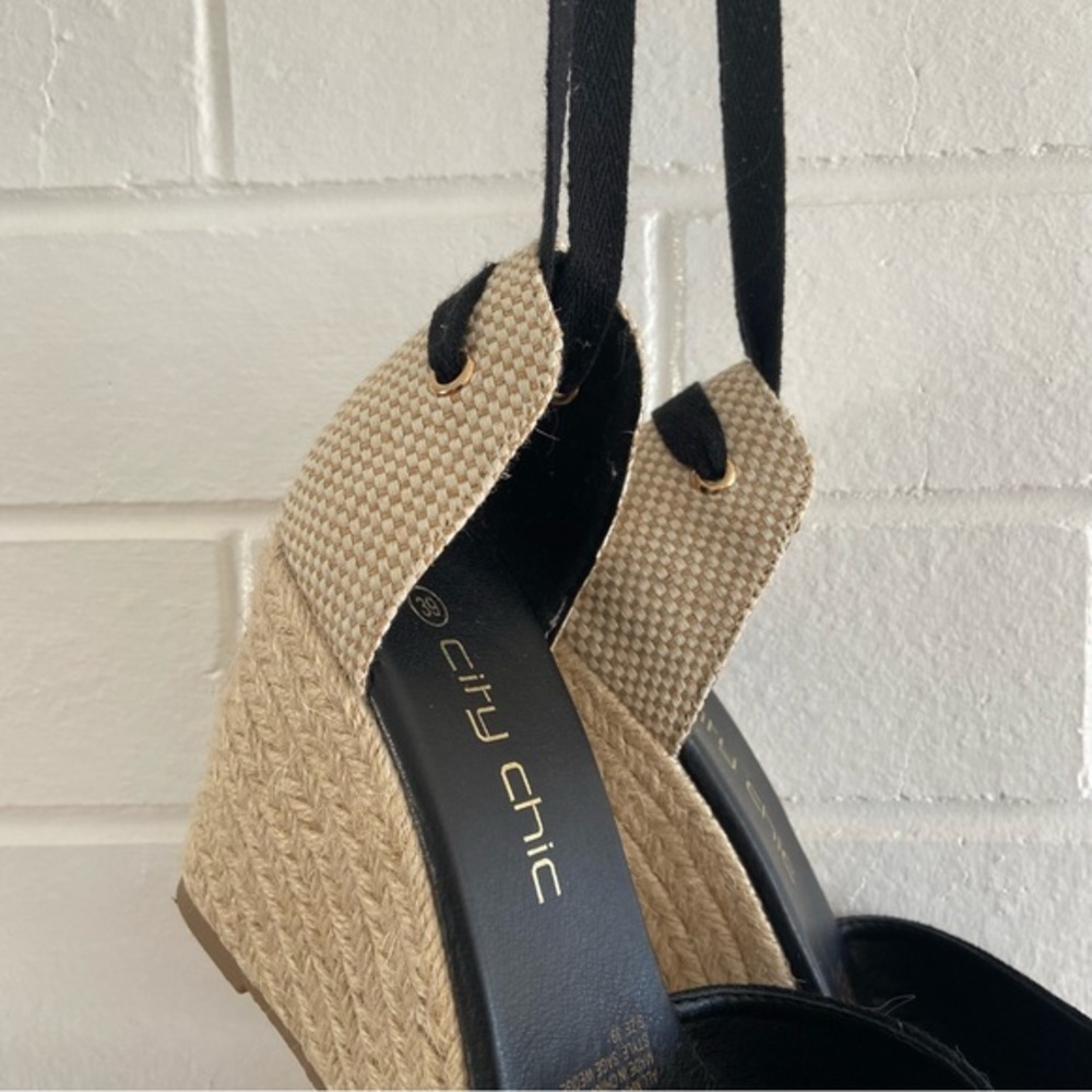 City Chic black and jute Espedrille wedges with black ribbon ties Size 39/8 - Picture 11 of 16